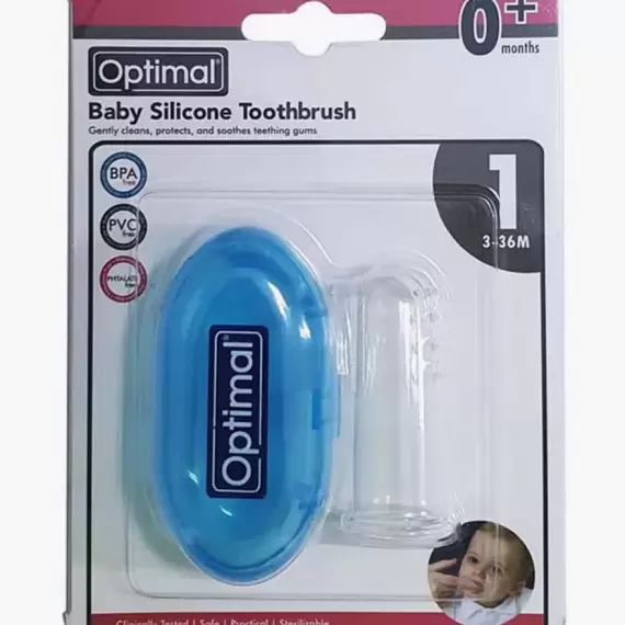 0+ months Optimal Baby Silicone Toothbrush Gently cleans, protects, and soothes teething gums