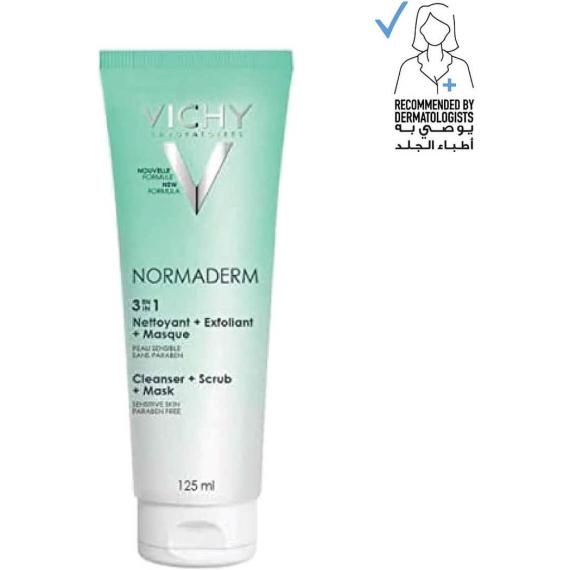 Vichy Normaderm 3 in 1 Cleanser, Scrub & Mask for Oily/Acne Skin with salicylic & glycolic acid 125ml